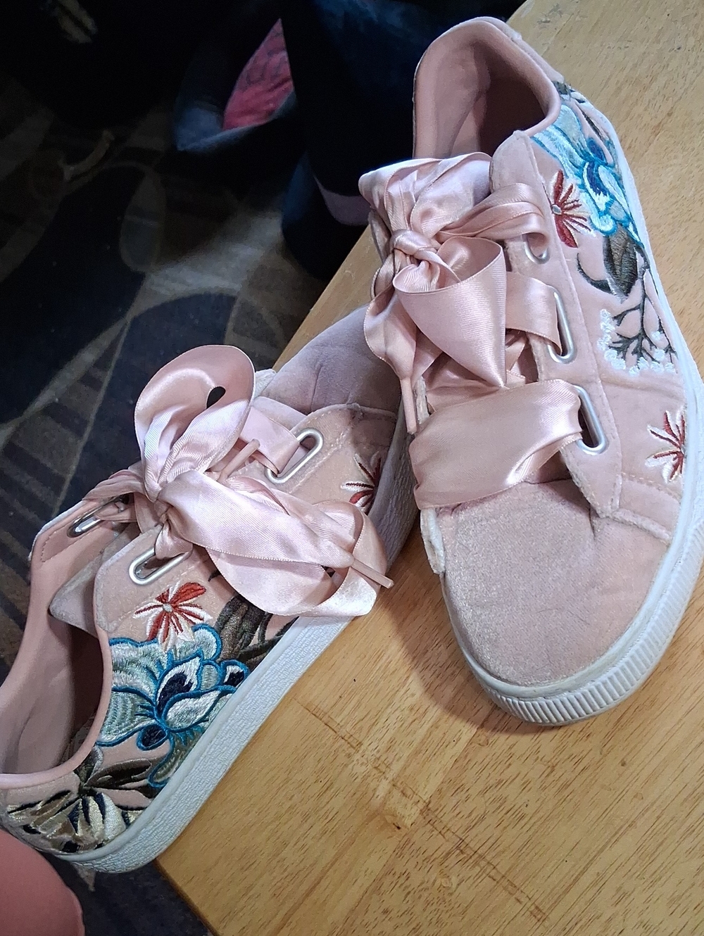Puma Pink Velvet Embroidered Sneakers with Satin Ribbon Laces